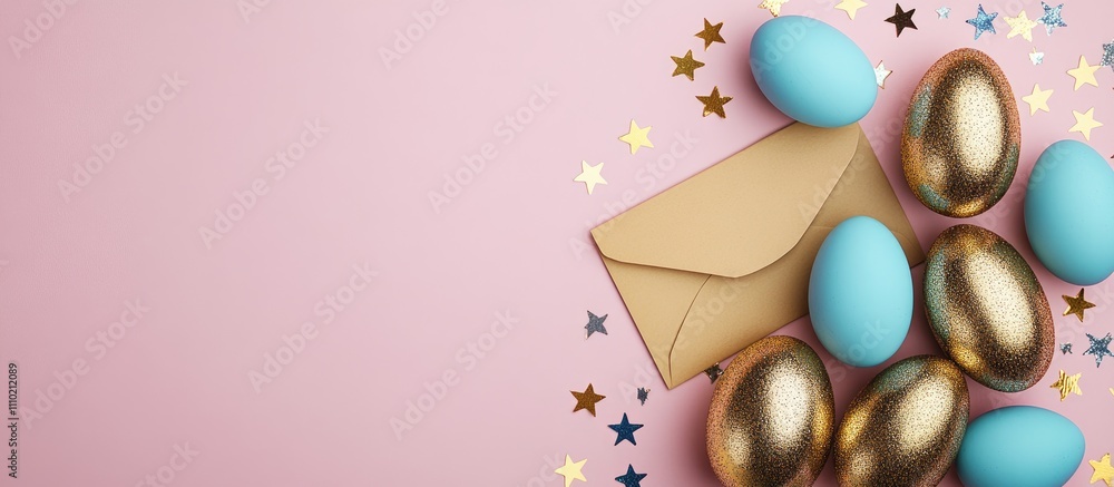 Poster golden and blue easter eggs with an envelope and star confetti on a pink background creating a festi