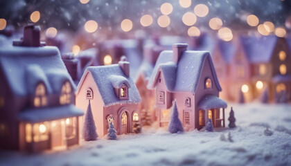 A tranquil scene of a pastel-themed Christmas village, with small houses in blush pink and light lavender shades under a snowfall.