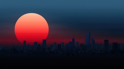 A large red sun is in the sky above a city