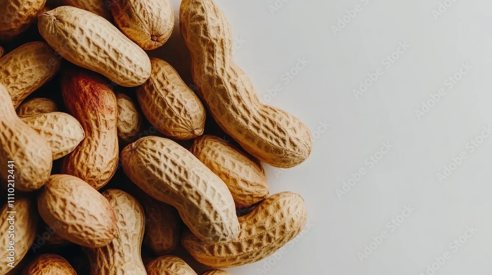 Poster pile of raw peanuts in shell on white background showcasing texture and natural color of the nuts fo