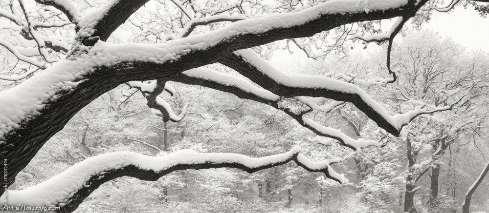 Poster winter landscape with snow-covered tree branches in a tranquil forest setting creating a serene and 