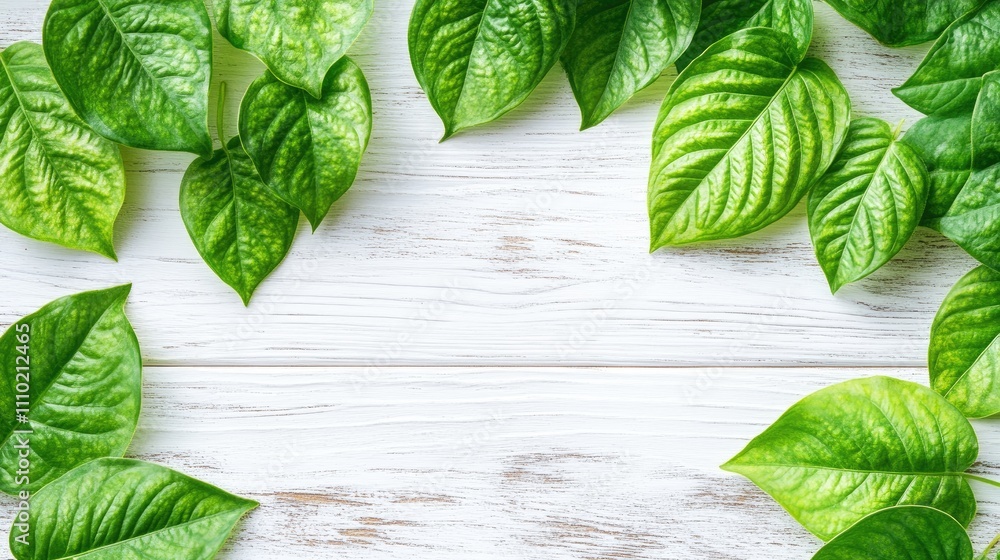 Poster green leaves arranged on a white wooden background creating a natural flat lay design with ample cop