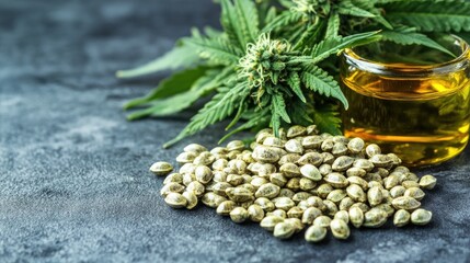 Structural formula of cannabidiol with hemp seeds and oil highlighting its medical applications and antipsychotic effects in cannabis research