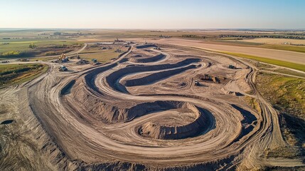 Aerial shot of a sprawling sand quarry with winding roads, machinery, and piles of extracted material spread across the landscape