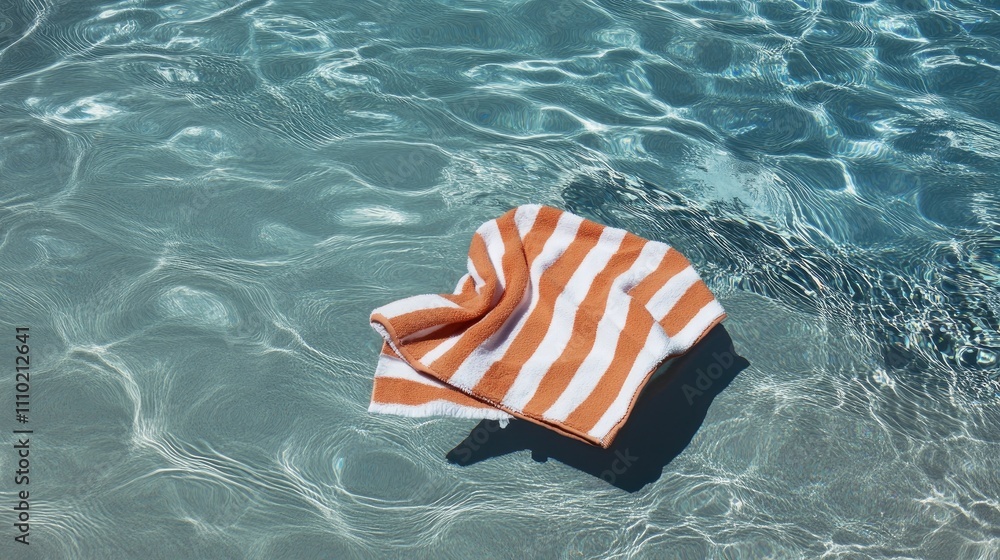 Poster striped pool towel floating on clear water surface creating a serene summer vibe ideal for travel an