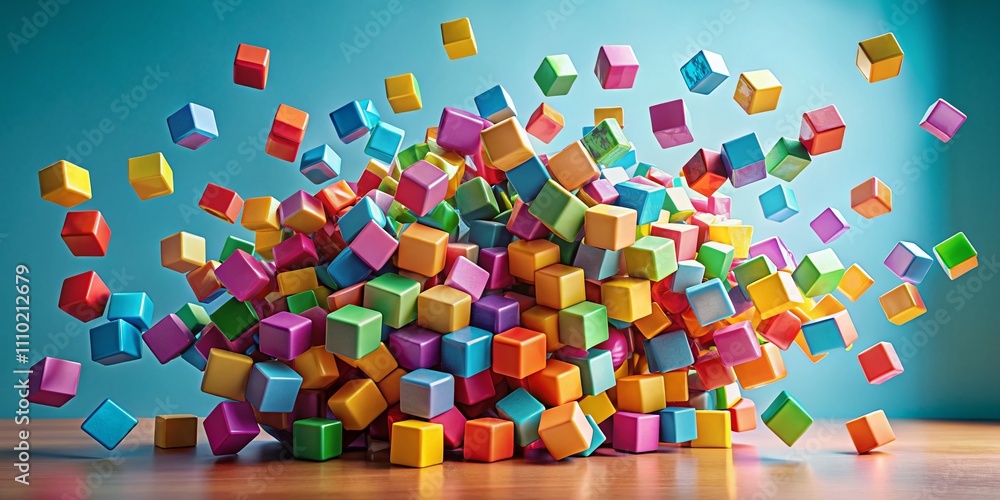 Poster a stunning display of colorful cubes floating in the air, capturing the essence of playfulness and c