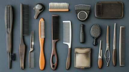Various Hair Combs and Brushes on Dark Background for Styling