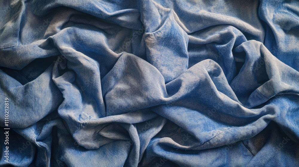 Poster worn blue jeans fabric background with soft folds and creases creating a textured king size textile 