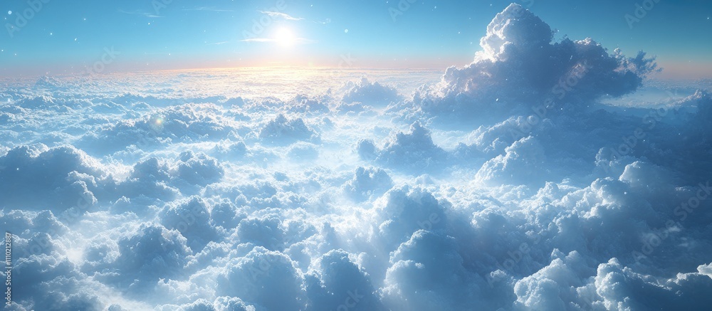 Poster serene view of fluffy clouds under soft sunlight with a tranquil snowfall atmosphere above the horiz
