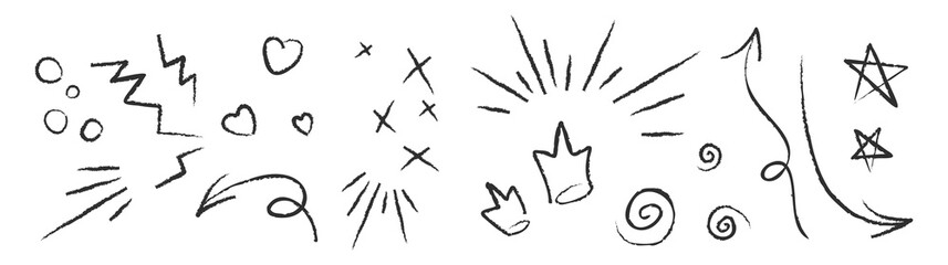Fototapeta premium Rough charcoal Arrows, Hearts Crowns, Stars, Flash, Cross, Curls Doodle. Chalk drawing. Line Shape marker underline. Vector illustration isolated on white