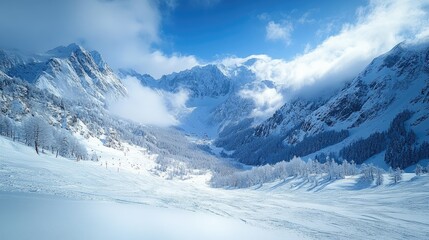 Fototapeta premium Stunning panoramic view of a majestic glacier and ski slopes nestled in a snowy valley, surrounded by towering mountains and clouds, winter, tourism, adventure, nature.