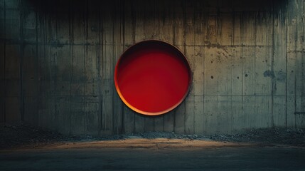 Industrial storage of circular pipe material in a warehouse setting with muted concrete background highlighting the vibrant red tube.
