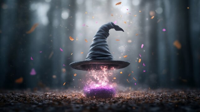 A black wizard hat is floating in the air with purple smoke coming out of it