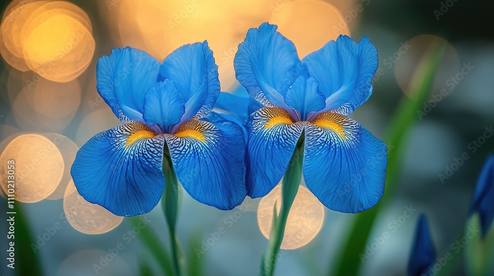Poster blue iris flowers blooming in a garden with a soft bokeh background creating a serene and vibrant at