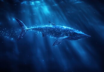 Fototapeta premium Ethereal Underwater Scene Featuring a Majestic Fish Illuminated by Glimmering Light Rays in a Deep Blue Ocean Environment