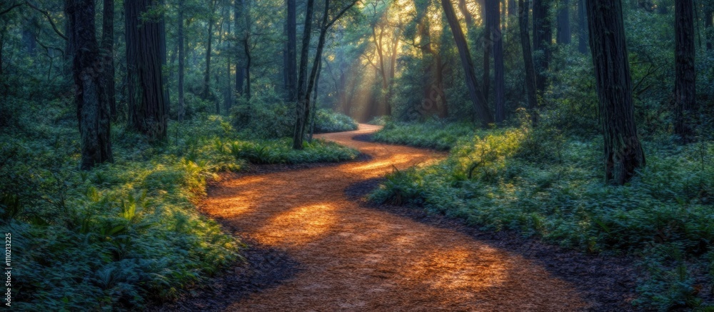 Poster serene forest pathway illuminated by sunlight creating a tranquil and inviting atmosphere for nature