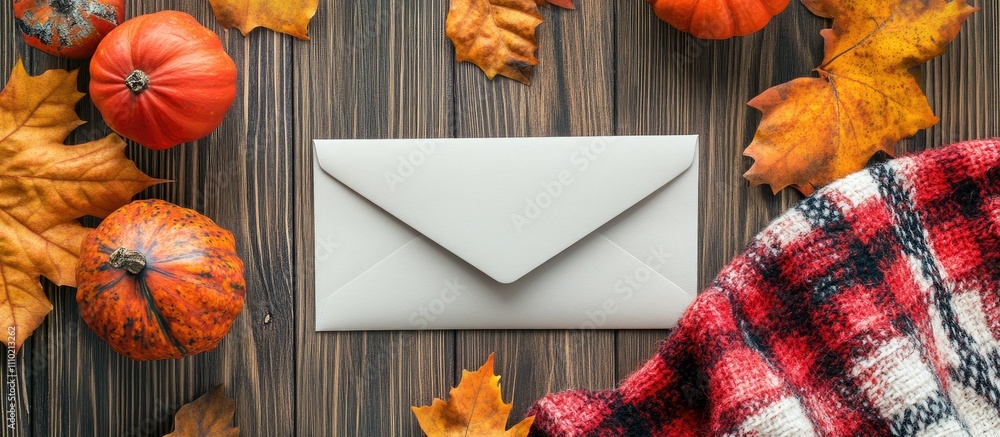 Poster autumn themed flat lay with empty mail envelope surrounded by pumpkins and colorful leaves on rustic