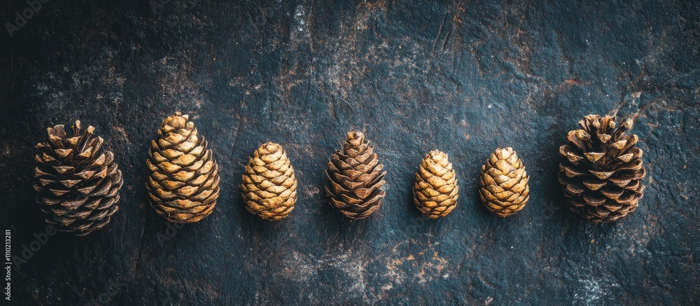Poster pinecones of varying sizes arranged in a line showcasing natural tones and textures against a dark r
