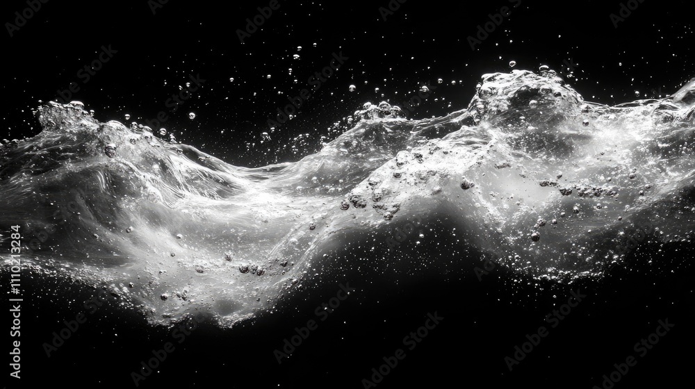 Poster dynamic black and white image of turbulent water with visible air bubbles creating a wave-like patte