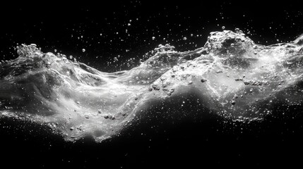 Dynamic black and white image of turbulent water with visible air bubbles creating a wave-like pattern, emphasizing fluid motion, abstract, aquatic, nature.