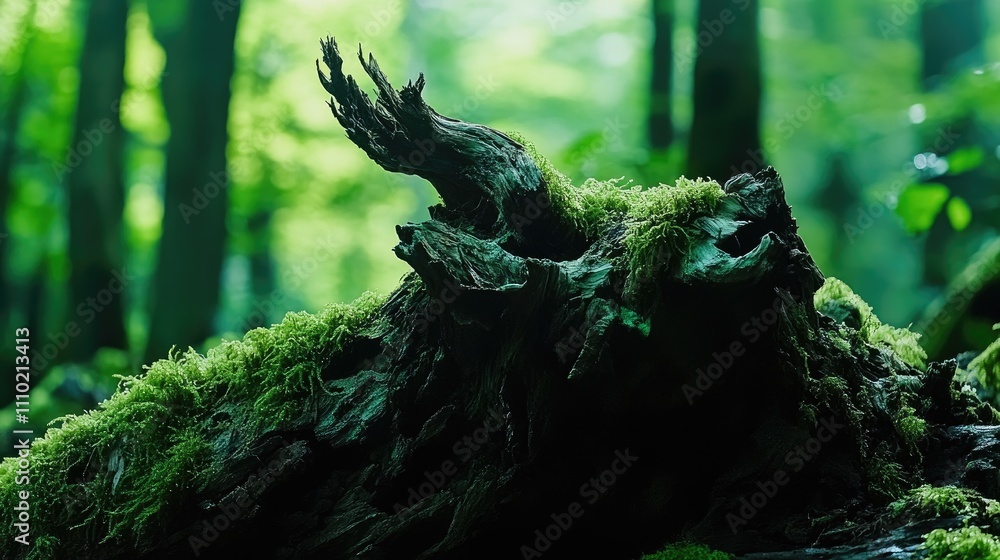 Aufkleber moss-covered decayed tree trunk in a serene forest setting with soft green foliage and natural light