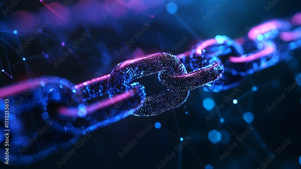 Poster digital chain links highlighting connectivity in a futuristic design with vibrant colors and glowing