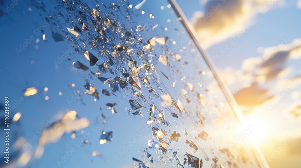 Poster cracked and shattered glass pattern reflecting sunlight with clear sky and clouds creating a dynamic