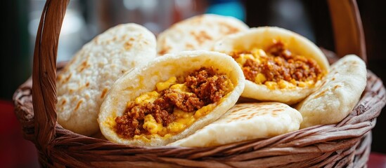 Delicious Venezuelan arepas stuffed with cheese, meat, and flavorful sauce served in a rustic basket setting