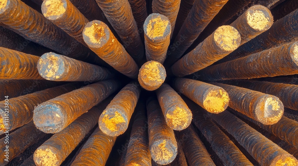 Poster close up view of stacked steel bars showcasing textures and patterns suitable for construction mater