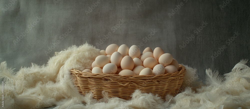 Poster natural eggs in a wooden basket arranged on a gray backdrop with soft feathers creating an organic a