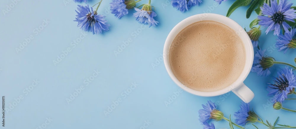 Poster spring backdrop with cornflowers and a steaming coffee cup on a blue background for mockup and copy 