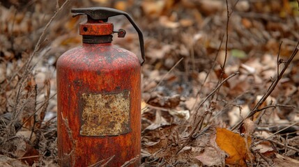 Obraz premium Old rusty fire extinguisher abandoned in nature surrounded by dry leaves illustrating neglect and fire safety hazards