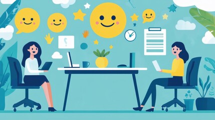 llustration of cheerful workspace with a gratitude board and inspirational quotes, encouraging positivity and reducing workplace stress