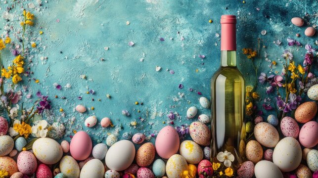 Easter themed composition with colorful eggs and a wine bottle on a vibrant background ideal for cards and seasonal marketing materials