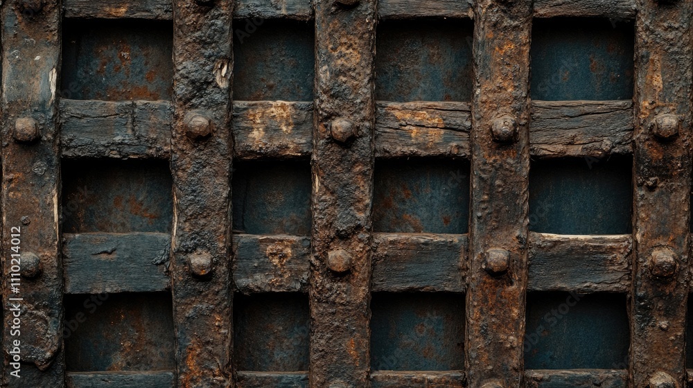Poster Rustic wooden lattice structure with weathered texture and aged patina suitable for backgrounds or architectural elements.