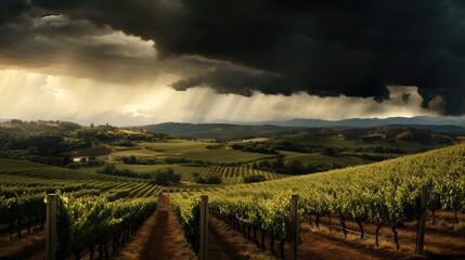 Fototapeta premium Vast vineyards under a dramatic stormy sky with thunderclouds and rolling hills creating a captivating landscape scene.