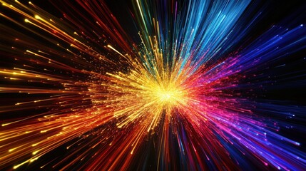 A vivid visualization of abstract, multi-colored sparks converging to form a unified, glowing explosion on a dark background