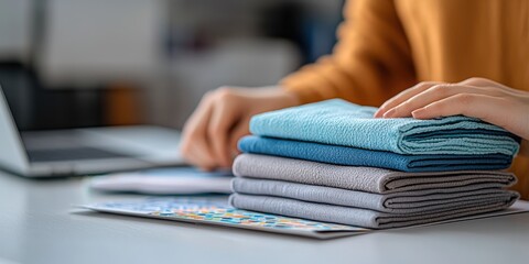 Daily Chores concept, A person arranges neatly folded towels on a workspace with a laptop, showcasing organization and a sense of calm.