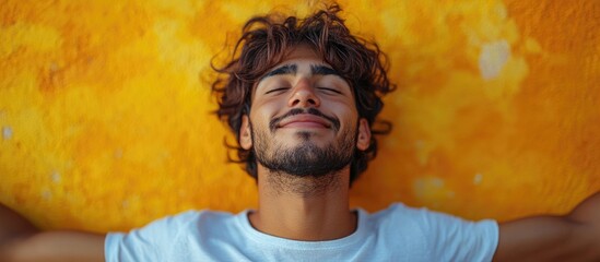 Young man celebrating victory against a vibrant yellow background expressing joy and triumph with arms raised and a radiant smile.