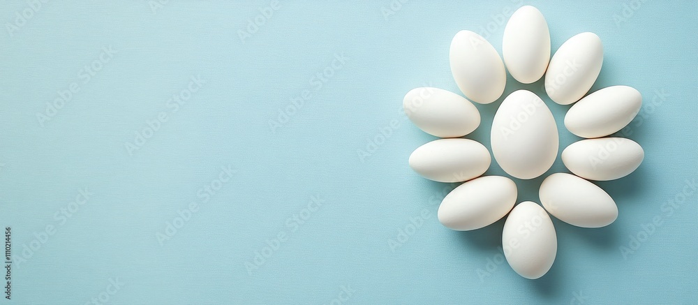 Aufkleber white eggs arranged in a flower shape on a blue backdrop creating a serene backdrop for spring-theme