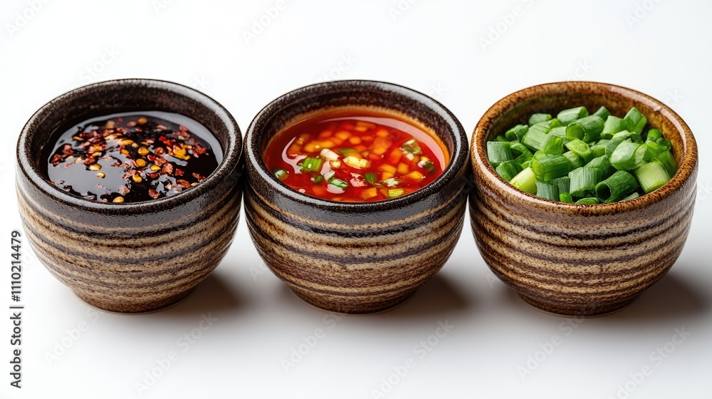 Poster set of three decorative sauce bowls with various colorful sauces and chopped herbs on a clean white 