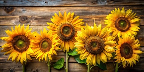 A vibrant display of sunflowers with their golden petals and rich brown centers, arranged against a backdrop of rustic woodgrain.