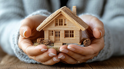 Real estate, home ownership, housing investment, close-up of woman in formal suit holding miniature of modern cottage, realtor selling property, bank consultant offering mortgage or insurance options