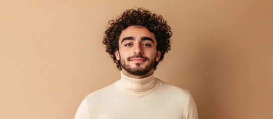 Obraz premium Handsome man with curly hair in a light turtleneck smiling against a beige background capturing a warm and engaging portrait.