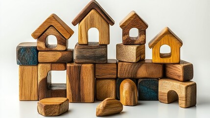Colorful wooden building blocks arranged to form a miniature village, featuring various shapes and sizes, ideal for children's play and educational purposes, creativity, toys, learning.