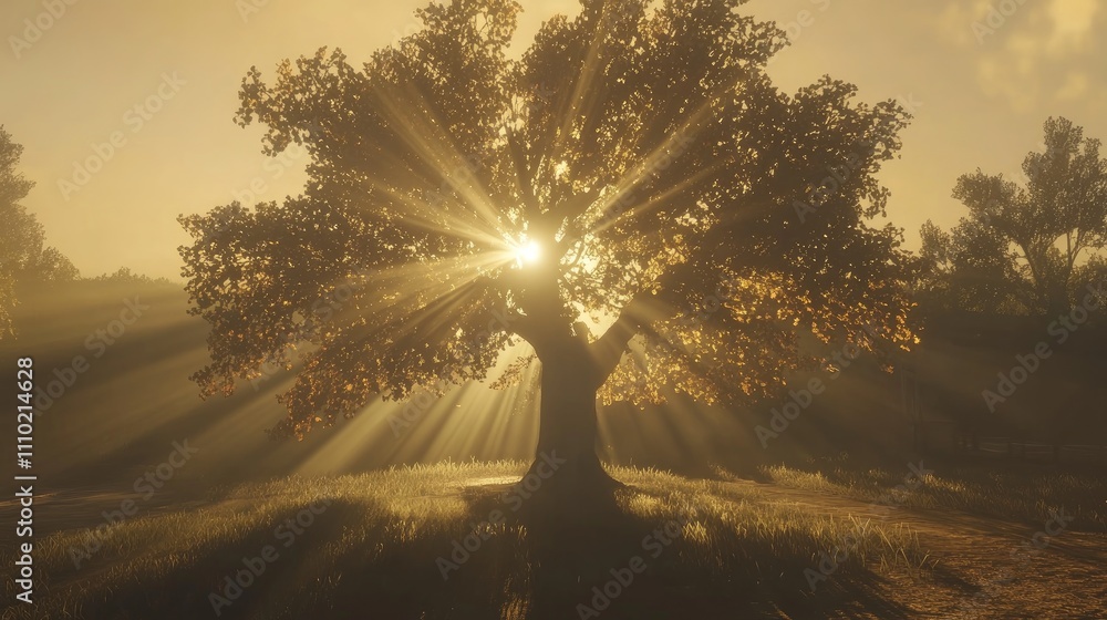 Poster majestic tree with sunbeams shining through leaves in a serene foggy landscape during dawn or dusk c