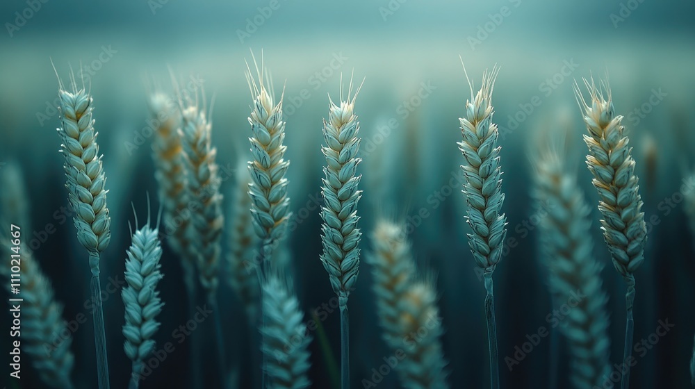 Aufkleber fresh green wheat ears in a serene field setting with a soft focus and a tinted atmosphere conveying