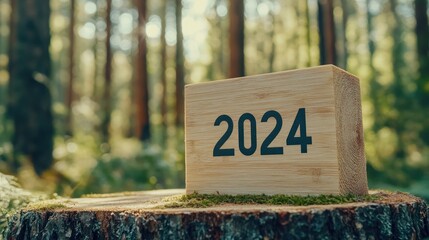 New Goals and Visions for 2024 Wooden Block Sign on Forest Floor Representing Sustainable Development and Business Growth Planning