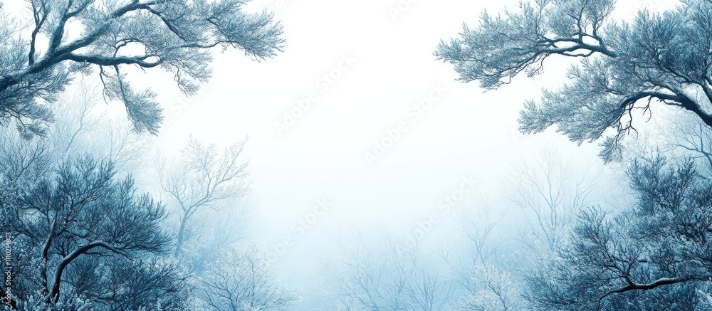 Aufkleber winter scene featuring frosted pine tree branches against a misty white background creating a serene