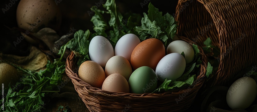 Poster colorful boiled eggs arranged in a wicker basket with fresh greens on a textured background for an a